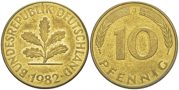ФРГ 10 ПФЕННИГОВ 1982 J KM 108, J. 383 сталь плакированная латунью 219-543