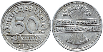 Германия 50 пфеннигов 1921 GF KM 27, J 301 алюминий 4364-2654