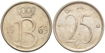БЕЛЬГИЯ 25 САНТИМОВ 1969 BELGIQUE, БОДУЭН I (1951-1993) KM 153.1 медно-никель 214-432