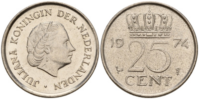 Нидерланды 25 центов 1974 Юлиана (1949-1980) KM 183 никель    4598-512