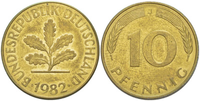 ФРГ 10 ПФЕННИГОВ 1982 J KM 108, J. 383 сталь плакированная латунью 219-543