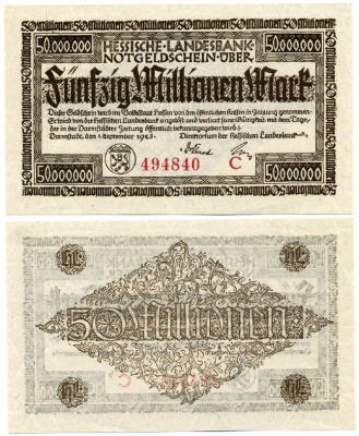 ДАРМШТАДТ, ГЕРМАНИЯ 50000000 МАРОК (50 МИЛЛИОНОВ) 1923 1 СЕНТЯБРЯ 1923, НОТГЕЛЬД, ЗЕМЛЯ ГЕССЕН, НОМЕР, СЕРИЯ С, КРАСНАЯ, HESSESCHE LANDESBANK Keller 956d бумага аUNC 8613-21-3-1