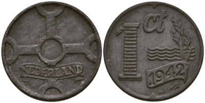 Нидерланды 1 цент 1942 Королева Вильгельмина (1890 - 1948) KM 170 цинк 4169-462