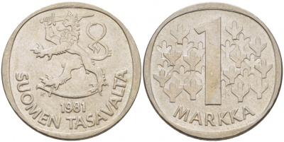 ФИНЛЯНДИЯ 1 МАРКА 1981 K KM 49а медно-никель UNC 3718-941