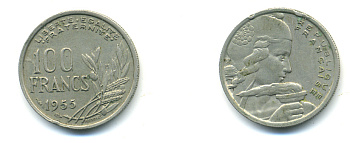 ФРАНЦИЯ 100 ФРАНКОВ 1955 KM 919.1 медно-никель 83-333