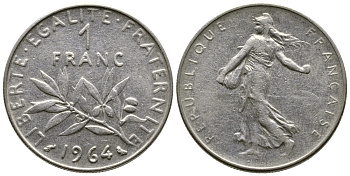 Франция 1 франк 1964 сеятель KM 925.1, Le Franc 226.8 никель 4364-3342