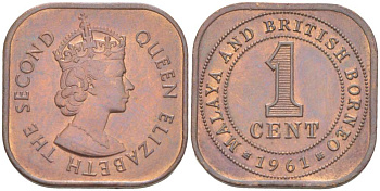 Малайя и Британское Борнео 1 цент 1961 Елизавета II (1952-2022), британские колония KM 5 бронза 4516-716
