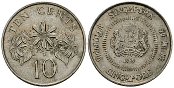 Сингапур 10 центов 1989 KM 51 медно-никель 4173-1227
