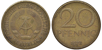 ГДР 20 пфеннигов 1971 А KM 11 латунь 62-1044