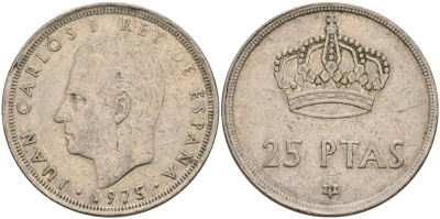 Испания 25 песет 1975 (79) Хуан Карлос I (1975-2014) KM 808 медно-никель 4149-1034