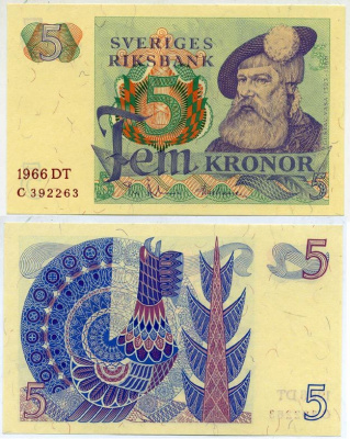 Швеция 5 крон 1966 DT, Густав I Ваза Pick 51a бумага aUNC 2192-6-1