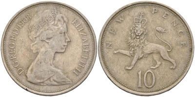 Великобритания 10 пенсов 1968 Елизавета II (1952-2022) KM 912, Spink 4231 (F1) медно-никель 4531-145
