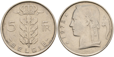 Бельгия 5 франков 1972 Belgie, Бодуэн I (1951-1993) KM 135.1 медно-никель  UNC  4187-315