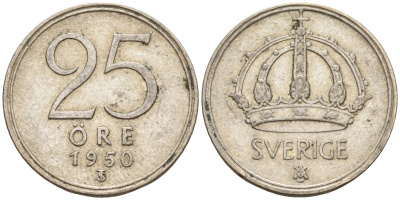 Швеция 25 эре 1950 TS, Густав V (1907-1950) KM 816 серебро 4147-1022