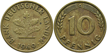 ФРГ 10 ПФЕННИГОВ 1949 G KM 103, J.378 сталь плакированная латунью 98-351