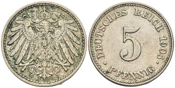 ГЕРМАНИЯ 5 ПФЕННИГОВ 1905 D KM 11, J. 12 медно-никель 105-116