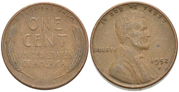США 1 ЦЕНТ 1952 D, ЛИНКОЛЬН KM А132 медь цинк 218-616
