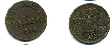 Бавария 1 пфенниг 1869 медь 62-2761