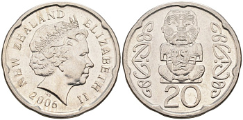 Новая Зеландия 20 центов 2006 Елизавета II (1952-2022), идол Пукаки KM 118а никелированная сталь 4579-1141