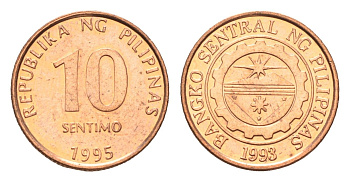 Филиппины 10 сентимо 1995 KM 270 сталь плакированная медью UNC 4668-669