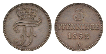 Мекленбург-Шверин 3 пфеннига 1852 A, Фридрих Франц II (1842-1883) Jaeger 56, AKS 48, KM 310 (C101a) медь 413-714