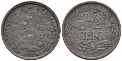 Нидерланды 1/2 цента 1928 Вильгельмина (1890-1948) KM 138 бронза 4576-518