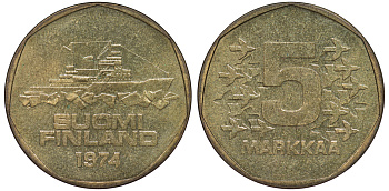 ФИНЛЯНДИЯ 5 МАРОК 1974 S, КОРАБЛЬ KM 53 алюминиевая бронза 3334-314