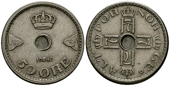 Норвегия 50 эре 1946 Хокон VII (1905-1957) KM 386 медно-никель 4584-144