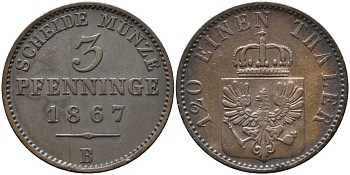 ПРУССИЯ 3 ПФЕННИГА 1867 В, ВИЛЬГЕЛЬМ I (1861-1888) KM 482 медь 4448-1151