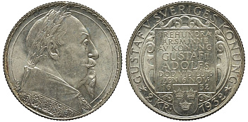 Швеция 2 кроны 1932 G, Густав V, 300 лет со дня смерти Густава II Адольфа KM 805 серебро UNC 413-6032