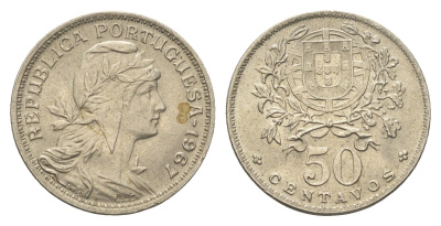 Португалия 50 сентаво 1967 голова Свободы вправо KM 577 никель латунь 4659-648