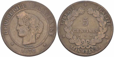 ФРАНЦИЯ 5 САНТИМОВ 1876 А, ТРЕТЬЯ РЕСПУБЛИКА (1871-1940) KM 821.1, LE FRANC 118.14 бронза 108-622