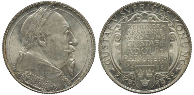 Швеция 2 кроны 1932 G, Густав V, 300 лет со дня смерти Густава II Адольфа KM 805 серебро UNC 413-6032