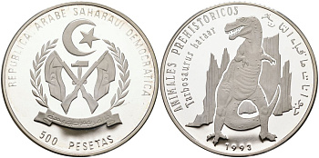 Западная Сахара 500 песет 1993 серия доисторические живоные, тарбозавр батаар KM 12 серебро PROOF 00-000-00