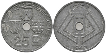 БЕЛЬГИЯ 25 САНТИМОВ 1942 BELGIQUE-BELGIE, ГЕРМАНСКАЯ ОККУПАЦИЯ ВТОРАЯ МИРОВАЯ ВОЙНА KM 131 цинк 34-352