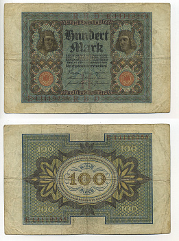 Германия 100 марок 1920 Бамбергский всадник, 8 цифр в номере Pick 69 b, Розенберг 69b бумага 7217-32-2