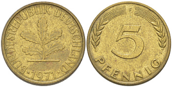 ФРГ 5 ПФЕННИГОВ 1971 F KM 107, J. 382 сталь плакированная латунью 4181-933