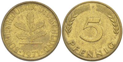 ФРГ 5 ПФЕННИГОВ 1971 F KM 107, J. 382 сталь плакированная латунью 4181-933