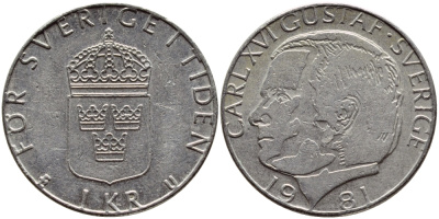 Швеция 1 крона 1981 Карл XVI Густав (1973- ) KM 852 медь плакированная медно-никелем 4397-1017