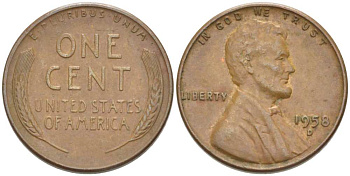 США 1 ЦЕНТ 1958 D, ЛИНКОЛЬН KM А132 медь цинк 218-322