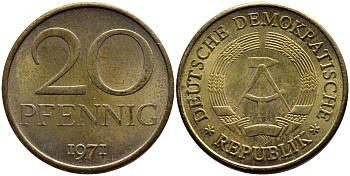 ГДР 20 пфеннигов 1971 А KM 11 латунь UNC 54-1612