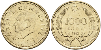 Турция 1000 лир 1993 Кемаль Ататюрк KM 997 медь никель цинк UNC 4561-137
