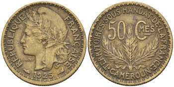 Французский Камерун 50 сантимов 1925 (а), монетный двор Париж KM 1 алюминиевая бронза 4608-949