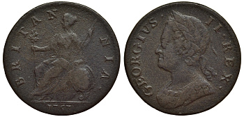 Великобритания 1/2 пенса 1753 Георг II (1727-1760) KM 579.2, Spink 3719 медь 1523-1313