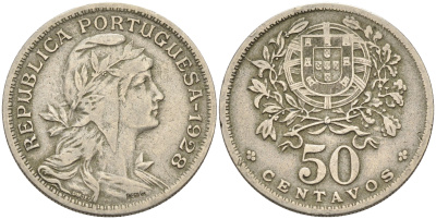 Португалия 50 сентаво 1928 KM 577 медно-никель 4563-844