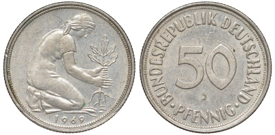 ФРГ 50 пфеннигов 1969 J KM 109, J. 384 медно-никель 4132-647
