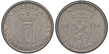 Норвегия 1 крона 1954 Хокон VII (1905-1957) KM 397 медно-никель 4128-1214