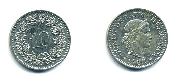 ШВЕЙЦАРИЯ 10 РАППЕНОВ 1982 KM 27 медно-никель 29-846