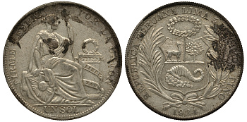 Перу 1 соль 1931 KM 218.2 серебро 272-943