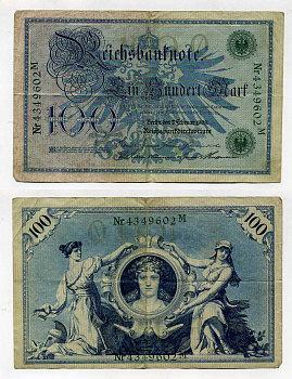 ГЕРМАНИЯ 100 МАРОК 1908 7 ФЕВРАЛЯ 1908, ЗЕЛЕНАЯ ПЕЧАТЬ, РЕПРИНТ (1918-1922) Pick 34 бумага 8619-37-1-1